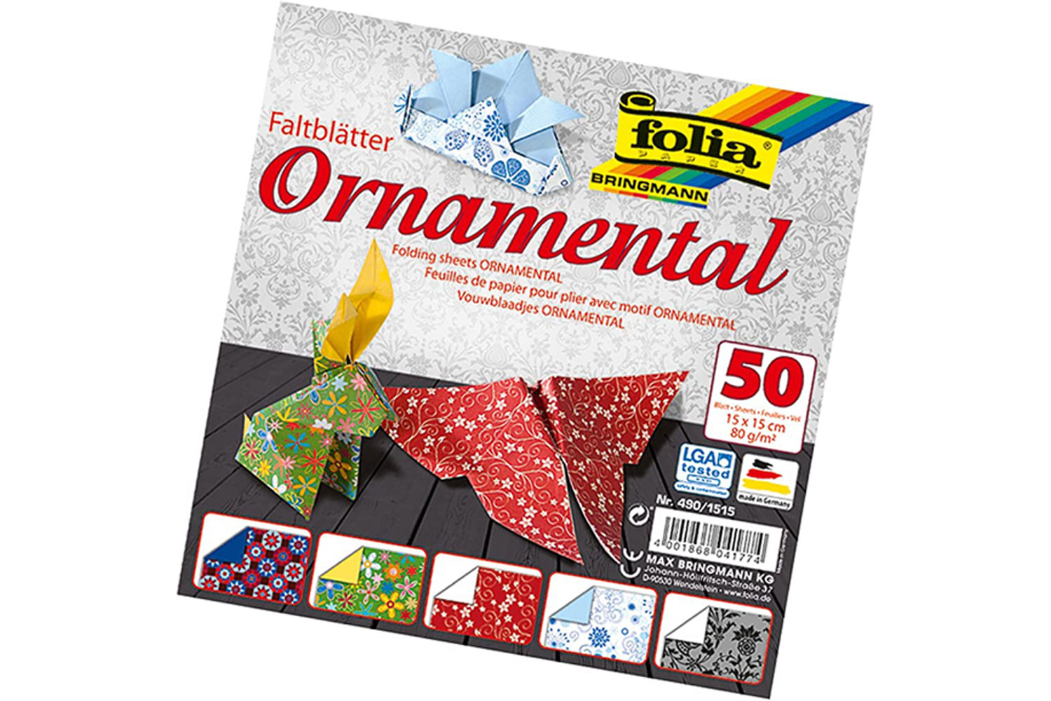 Folia Origami Kağıdı (80 gsm, 15x15 cm, Motif süs, 5 renk, 50 tabaka)