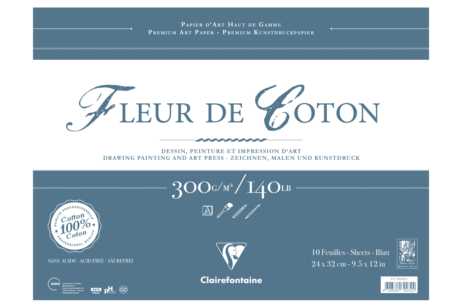 Clairfontaine, Fleur de Coton Uzun Kenarı Yapışkanlı - Yeni (10 yaprak, 24x32 cm)